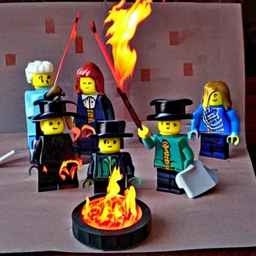 Image similar to Salem witch trials Lego set, burning at the stake legos, witch tied to a stake, mob Justice legos