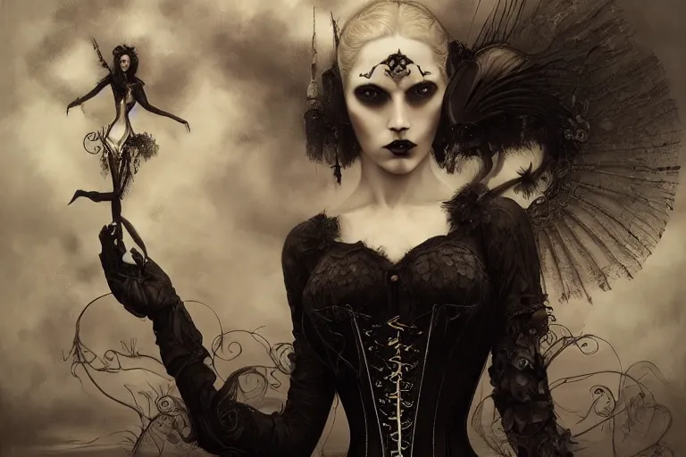 Prompt: By Tom Bagshaw, ultra realist soft painting of curiosities carnival by night, very beautiful horn single female blinking gothic corset , symmetry accurate features, very intricate details, ominous sky, black and white, volumetric light clouds