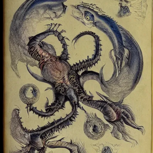 Image similar to bestiary of creatures from the depths of the unconscious psyche