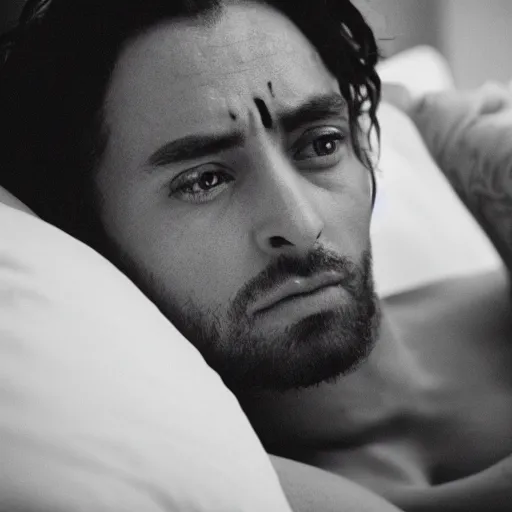 Image similar to black and white press photograph, highly detailed portrait of a depressed drug dealer lying in bed, detailed face looking into camera, eye contact, natural light, mist, fashion photography, film grain, soft vignette, sigma 85mm f/1.4 1/10 sec shutter, Darren Aronofsky film still promotional image, IMAX 70mm footage