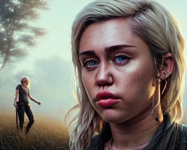 Image similar to highly detailed portrait of miley cyrus, in the walking dead, stephen bliss, unreal engine, fantasy art by greg rutkowski, loish, rhads, ferdinand knab, makoto shinkai and lois van baarle, ilya kuvshinov, rossdraws, tom bagshaw, global illumination, radiant light, detailed and intricate environment