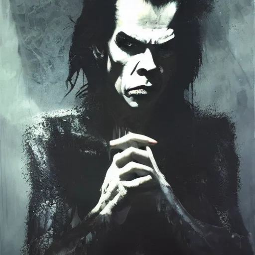 Prompt: nick cave as dream from sandman, dim stars as eyes, by jeremy mann, by cedric peyravernay, by ben templesmith, by dave mckean and richard avedon, dramatic lightning, sadness, dark eye sockets, in the shadows, punk rock, gothic, high detailed, 8 k