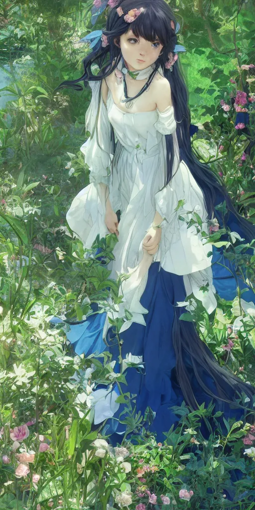 Prompt: a loli with long hair in a dress in the privet garden at after noon, green and warm theme, blue accents, low angle, back lighting, highly detailed, 4 k resolution, trending on art station, by krenz cushart and mucha and akihito yoshida and greg rutkowski