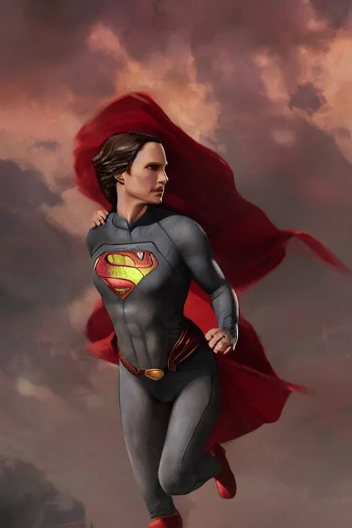 Prompt: a cinematic portrait of Man of Steel flying cast as Natalie Portman by Greg Rutkowski, full body shot