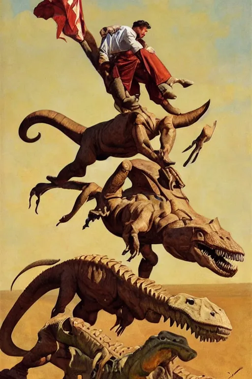 Image similar to strong man riding a dinosaur, by j. c. leyendecker, james gurney