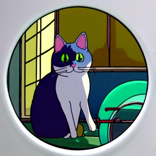 Prompt: a cat stares out of a circular bubble window, 1 9 9 0 s anime, animation cel, kawaii, soft glow, studio ghibli, grainy