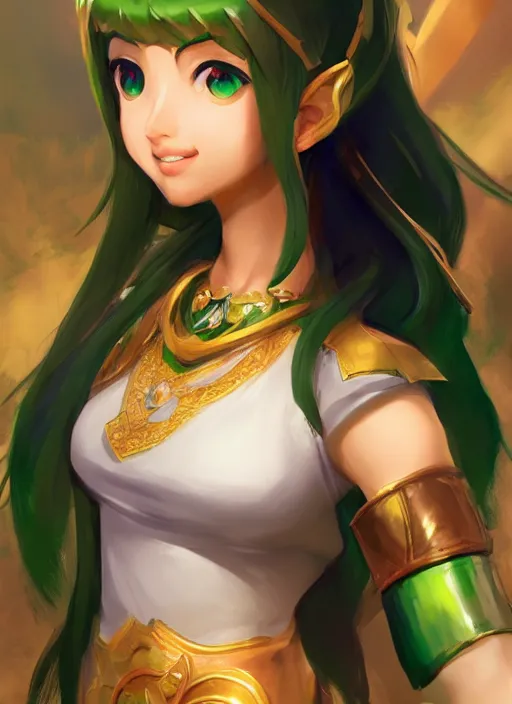 Image similar to portrait, head and torso only, palutena, trending on artstation, concept art, movie poster, fine detail, extremely detailed, sharp focus, smooth, digital illustration, by rossdraws, frank franzzeta, sakimichan, corrected hand, perfect hands