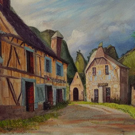 Image similar to painting of a rural French medieval village, by Aleksander Rostov