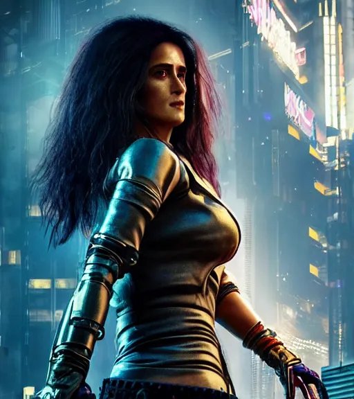 Prompt: cyberpunk 2 0 7 7, charismatic rugged female battle salma hayek - mage portrait, clothed in hooded, metal - plated battle armor atmospheric lighting painted intricate volumetric lighting, beautiful, sharp focus, ultra detailed by leesha hannigan, ross tran, thierry doizon, kai carpenter, ignacio fernandez rios