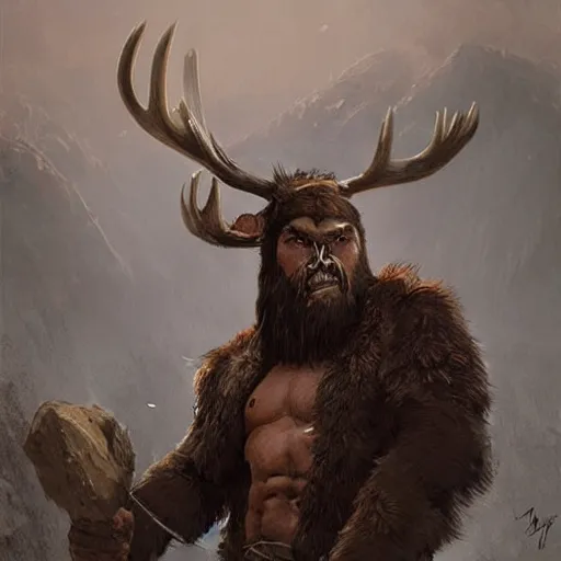 Image similar to hairy barbarian with head of moose by greg rutkowski