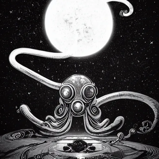 Prompt: !dream retro style space monster traveling through space long tentacles big black with white tentacles Planets in the background digital painting, artstation, concept art, soft light, hdri, smooth, sharp focus, illustration, fantasy, intricate, elegant, highly detailed, D&D, matte painting, in the style of Greg Rutkowski and Alphonse Mucha and artemisia, 8k, highly detailed, jurgens, rutkowski, bouguereau, pastoral, rustic, georgic