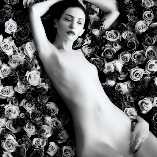 Image similar to a fashion photo of a beautiful model, a bed of roses, by ted gibson, jen atkin, tom eerebout, elizabeth saltzman, peter lindbergh, tim walker, symmetry, full face, studio lighting, dlsr,