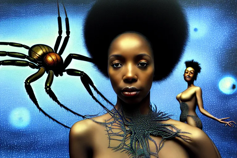 Image similar to realistic detailed photorealistic film portrait shot of a beautiful black woman with a giant spider, sci - fi city landscape background by amano, yves tanguy, alphonse mucha, ernst haeckel, max ernst, andrei tarkovsky, edward robert hughes, roger dean, necklace, dynamic pose, rich moody colours, wide angle, blue eyes