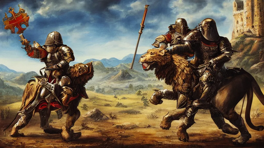 Image similar to fully armored knight wielding an automatic weapon fighting a lion in a medieval setting, painted by bob ross