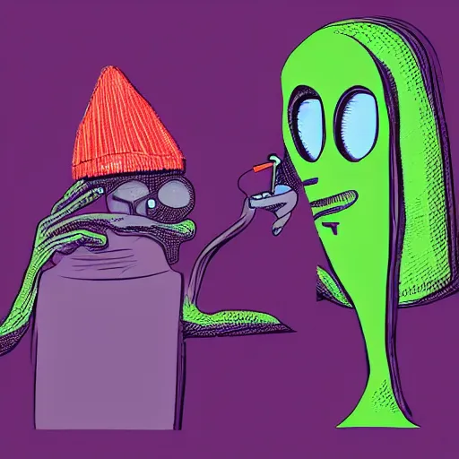 Prompt: alien with a purple wool cap an oversize t-shirt smoking a joint digital art