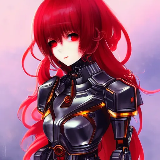 Prompt: cute red armored cyborg - anime girl by ross draws, long gold hair, yellow eyes, extreme high intricate details by wlop, digital anime art, black shadows, stylized shading