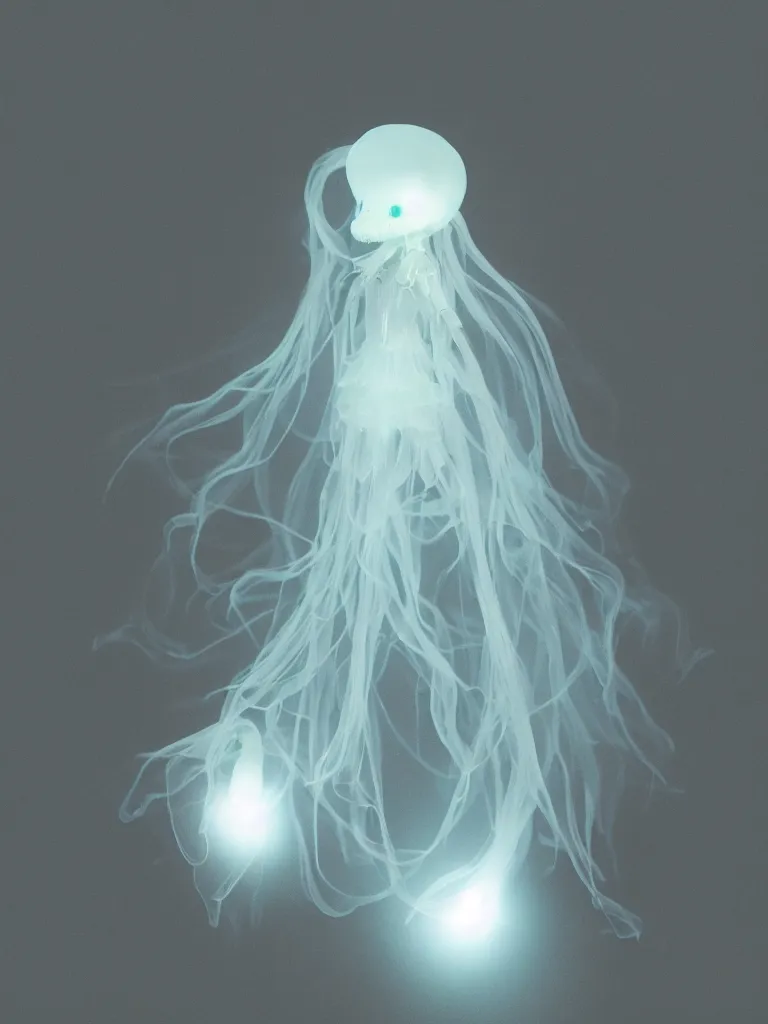 Prompt: cute fumo plush beautiful ectoplasmic gothic skeletal jellyfish ghost girl, glowing milky wisps of hazy smoke and volumetric fog, lens flare, subsurface scattering, vignette, asymmetry, bokeh, refraction, vray