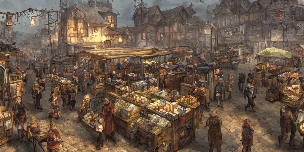 Image similar to a busy marketplace full of merchants in an old medieval town, fallout style, fantasy apocalypse, digital art, 4 k,