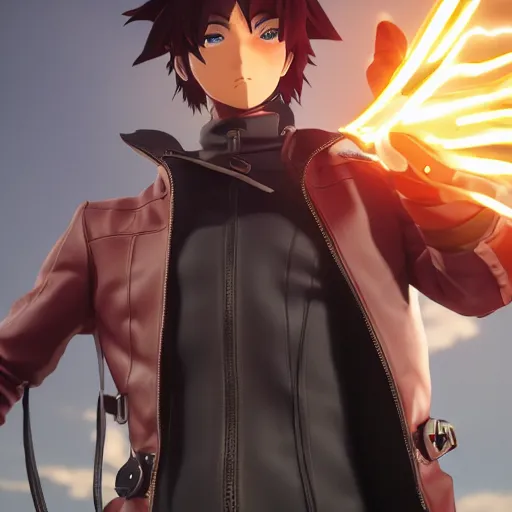 Image similar to an epic anime of a man energy, leather jacket, leather gloves, ghibli, unreal 5, octane render, rpg portrait, dynamic lighting, epic, epic anime, 2 d