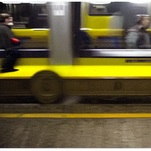 Image similar to bright yellow beagle in a subway