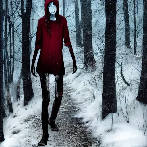 Image similar to blood soaked skinwalker, lanky, skinny, pale skin, snow, forest, dark, horrifying