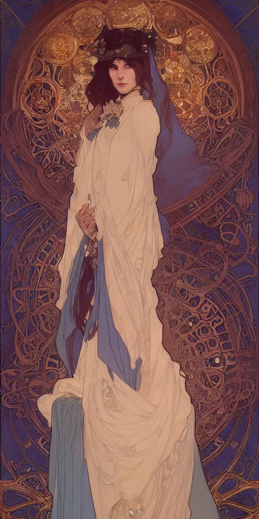 Image similar to Beautiful female wizard with blue rose robes wearing an intricate arcane makeup searching for her soul, digital art, art by Alphonse Mucha, Greg Rutkowski, Alex Ross, WLOP