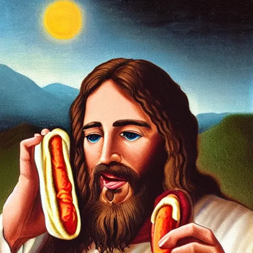 Image similar to Jesus eating a hotdog while reloading his revolver painting