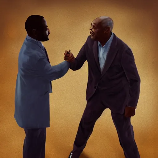 Image similar to charles white jr. offering a handshake towards the camera, cinematic, gloomy background, realistic, digital art, character art, 8 k