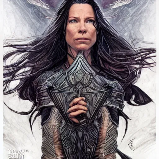 Prompt: evangeline Lilly as a priestess calling down thunder, symmetrical, smooth, sharp focus, art by magali villeneuve and art germ, concept art, very high quality, detailed face