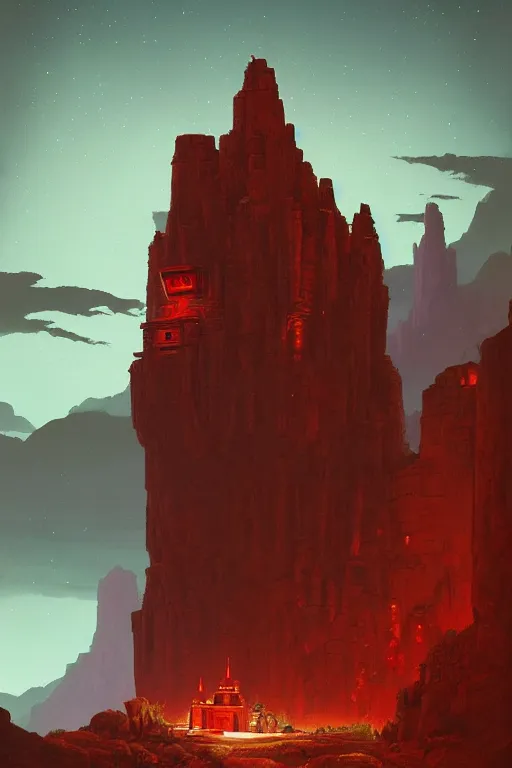 Prompt: ancient red glowing temple overlooking a canyon, shooting stars in the sky, dramatic lighting, artstation, matte painting, ralph mcquarrie, simon stalenhag