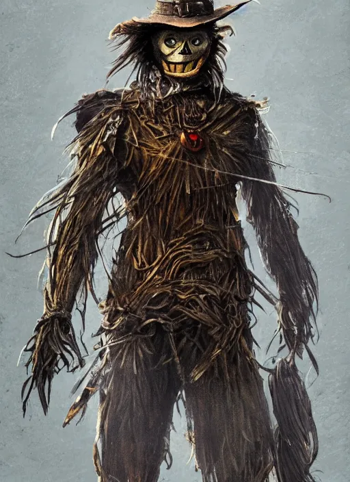 Image similar to powerful male scarecrow, willem dafoe as scarecrow, full body character concept, covered in full metal armor, art nouveau, super powers, fantasy, intricate, elegant, highly detailed, digital painting, artstation, concept art, shining, sharp focus, illustration, art by stanley lau