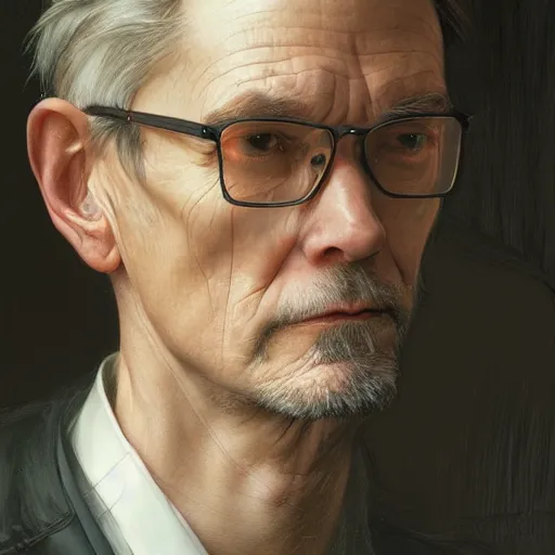 Image similar to Portrait of William Gibson, intricate, wild, highly detailed, digital painting, artstation, concept art, smooth, sharp focus, illustration, art by artgerm and greg rutkowski and alphonse mucha and Hajime Sorayama