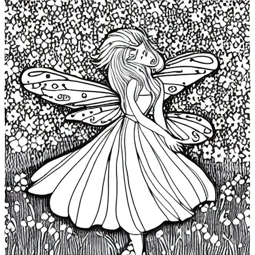 Prompt: adult coloring page of a fairy dancing in a field of flowers-n 8