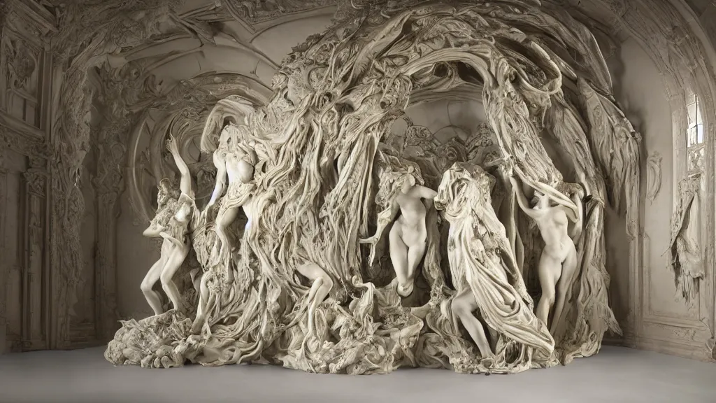 Prompt: an epic sculpture made of marble and ivory, the portal of infinite sadness, by gustave dore, by emil melmoth, by alphonse mucha, hell, sculpture standing on in a large studio space, monumental, epic, rococo, generative, detailed, intricate, volumetric lighting, realistic, octane render, in frame, 2 0 % pearlescent detailing