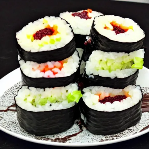 Prompt: cookbook photo of chocolate dessert sushi