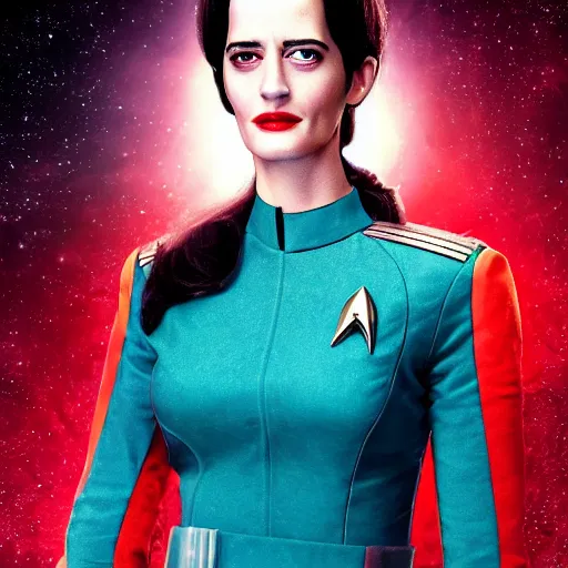 Image similar to a full body portrait of eva green as a star fleet officer from star trek next generation, ultra rendered, extreme realism and detail, 8 k, highly detailed, realistic, completely framed, hyper realistic, colorful, direct lighting, 3 5 mm photo, photorealistic, sharp focus