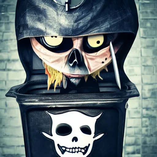 Image similar to A pirate with one eye, holding his eyeball, wearing a suit, dull facial expression, standing on a trash can, real photograph, intricate, sinister, Trending on Artstation, HQ, deviantart, art by artgem,