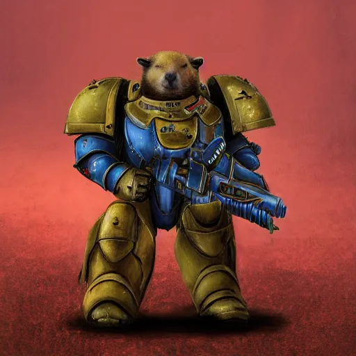 Image similar to a capybara wearing warhammer space marine armor art 4 k deviantart artstation dynamic pose no helmet