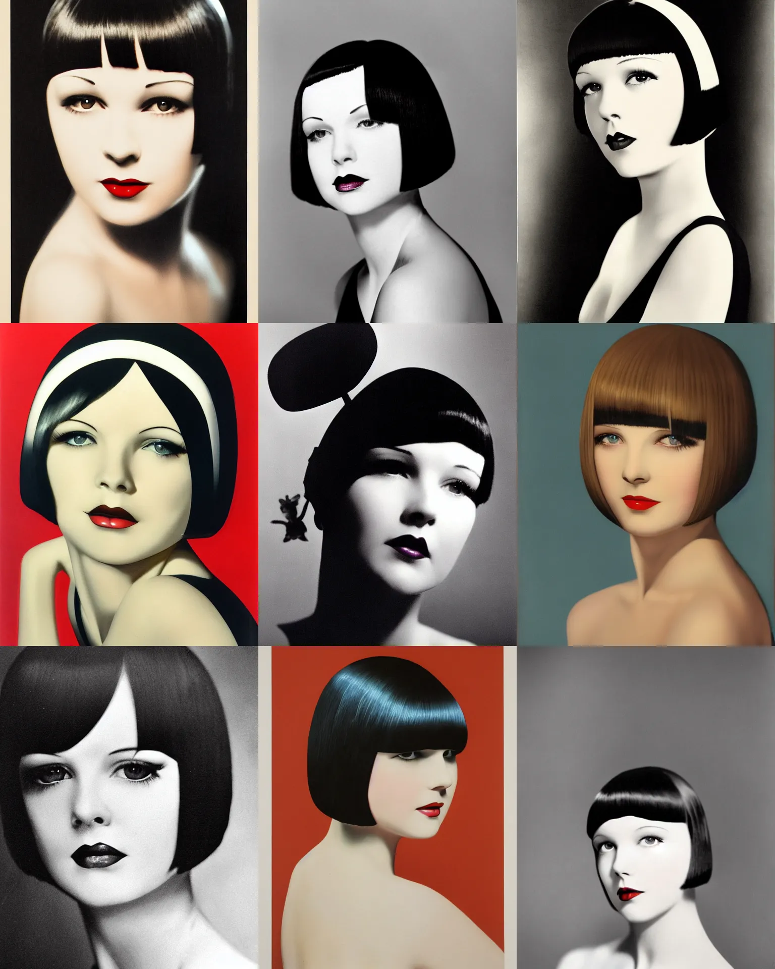 Prompt: mary louise brooks 2 0 years old, bob haircut, portrait by cliff ruddell, duo tone, art deco, air brush, back lit