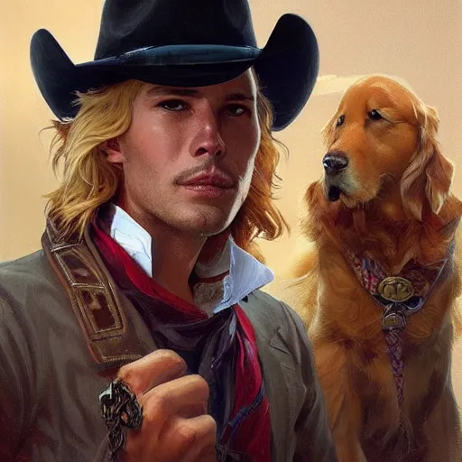 Prompt: Golden Retriever dressed as a cowboy, highly detailed, digital painting, artstation, concept art, smooth, sharp focus, illustration, art by artgerm and greg rutkowski and alphonse mucha