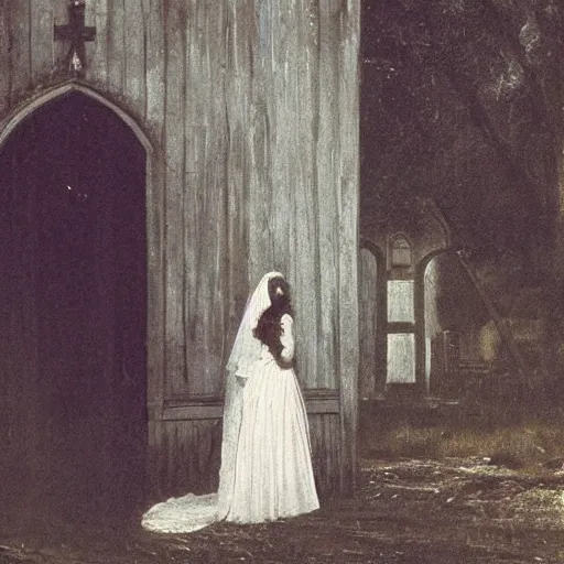 Image similar to picture of ghostly bride in front of an old wooden white church, 1 9 th century southern gothic scene, made by achenbach, andreas