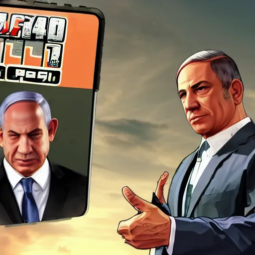 Prompt: GTA V loading screen depicting Benjamin Netanyahu holding a phone and doing a peace sign, hot babes in the background, highly detailed