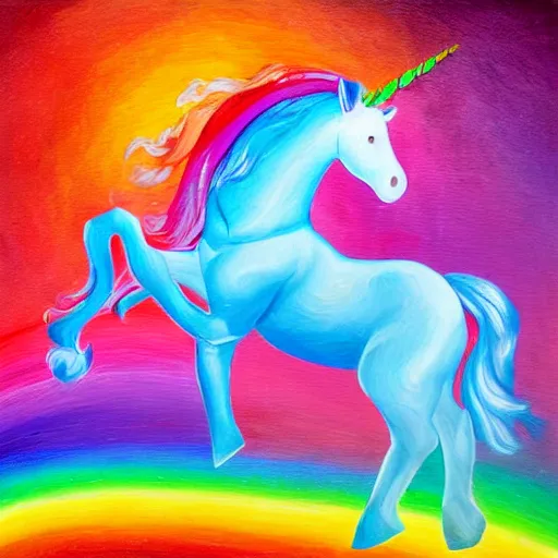 Image similar to unicorn walking on a rainbow, in the style of caravagio, oil painting