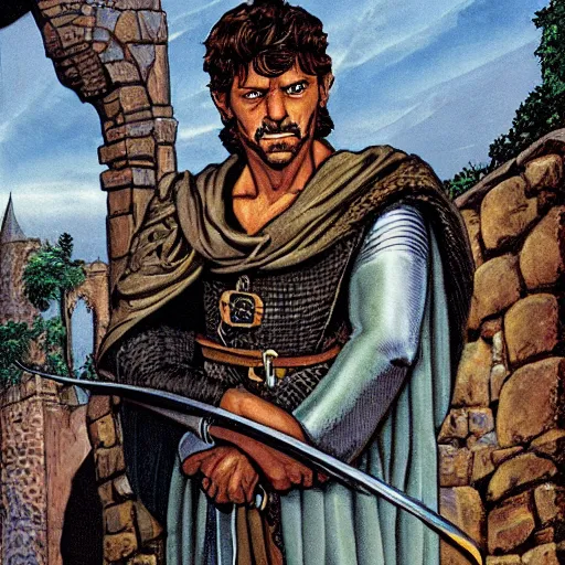 Prompt: portrait of a sly rogue, illustration by larry elmore, michael wellen, in a medieval city