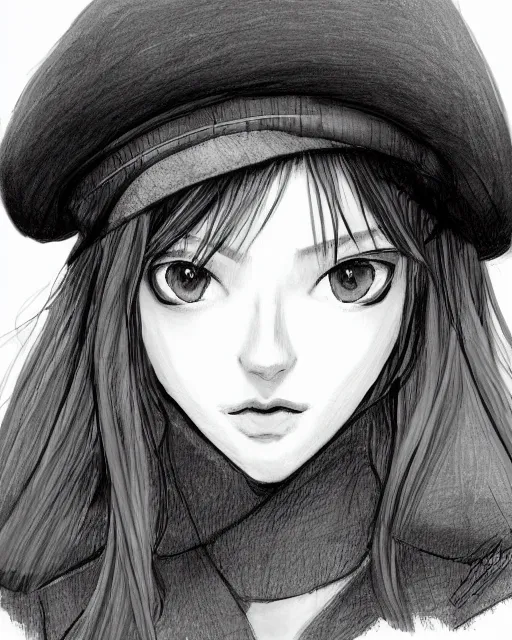 Image similar to girl with beret, drawn by Yueko, trending on Artstation