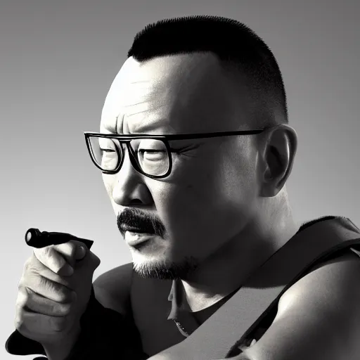 Prompt: a photorealistc digital art of jiang wen shows his muscle, award winning photography, trending on artstation