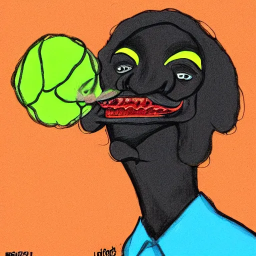 Image similar to snoop dogg tennis ball monster ,tennis ball, digital art, smoke, fantasy,chalk, magic, trending on artstation, ultra detailed, professional illustration by Basil Gogos