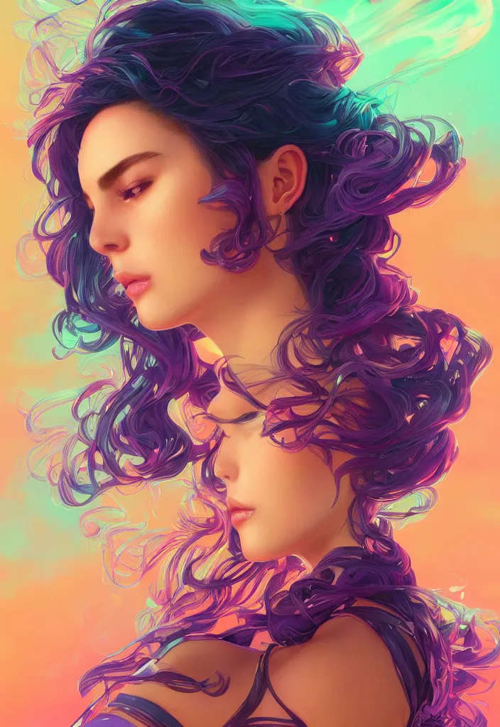 Image similar to beautiful, young woman, detailed gorgeous face, vaporwave aesthetic, synthwave, colorful, psychedelic, artstation, concept art, smooth, extremely sharp detail, finely tuned detail, ultra high definition, 8 k, unreal engine 5, ultra sharp focus, illustration, art by artgerm and greg rutkowski and alphonse mucha