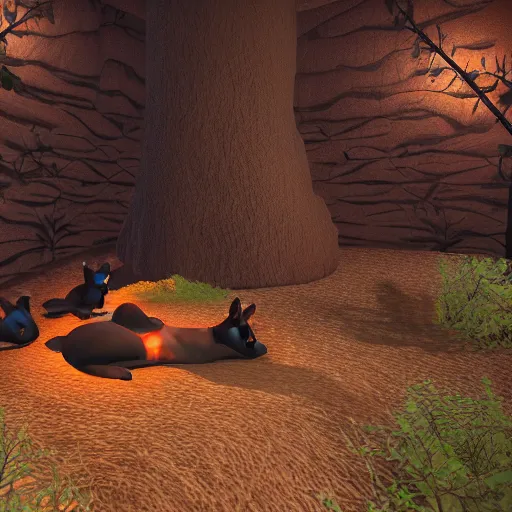 Image similar to second life in game screenshot of two black foxes sleeping next to each other in a cozy cave with a small campfire, cave lit up with fireflies and bioluminescent mushrooms, 4 k