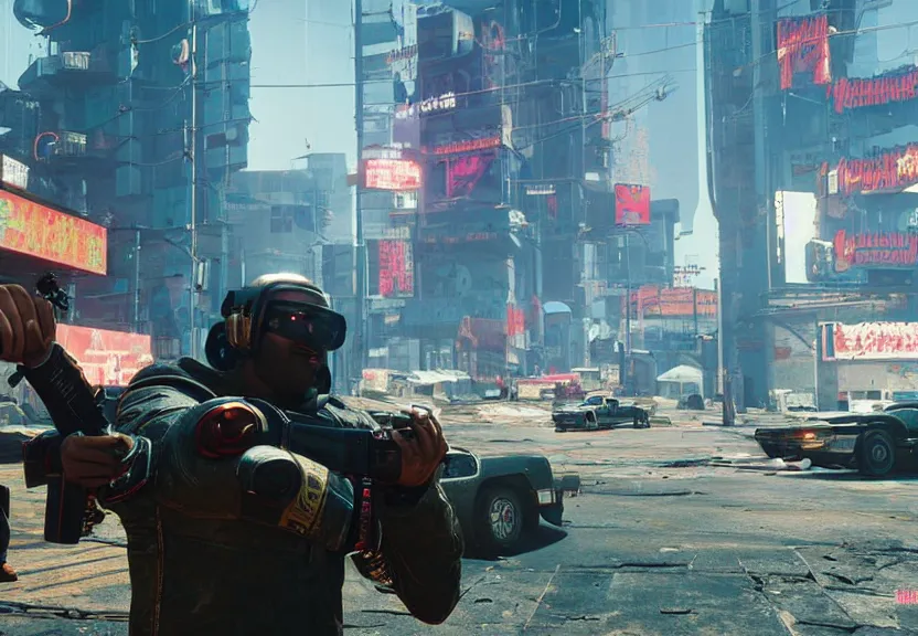 Image similar to Hezbollah Magomedov in cyberpunk 2077 fighting police